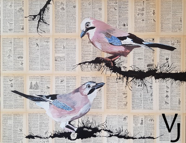 Technique mixte. Collage, acrylique et encre de Chine. Chaque page du petit Larousse comporte une gravure d'oiseau. par Véronique Jallas